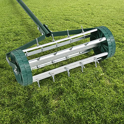 Hysache Rolling Lawn Aerator, 18 Rotary Push Tine Spike Soil Lawn Aerator Gardening Tool with 3-Piece Long Steel Handle for Garden Yard Grass Maintenance, Green