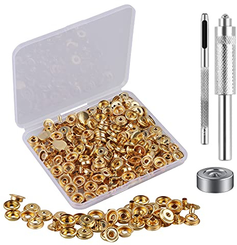 Druckknopf Set 50 Teile, Leder Nieten Set in Gold mit Werkzeug, Ohne Nähen für Kleidung, Taschen, Heimwerkerarbeiten (Gold)