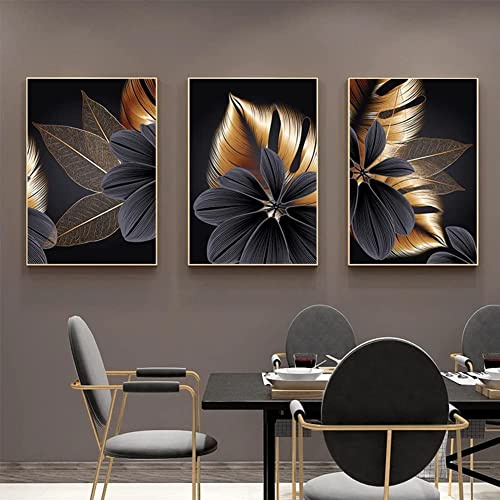 ConBlom Juego de 3 carteles de lienzo de diseñador, cuadros de pared, abstracto, negro, hoja dorada, planta, lienzo, póster, impresión, decoración nórdica moderna, pintura, cuadro de arte de pared