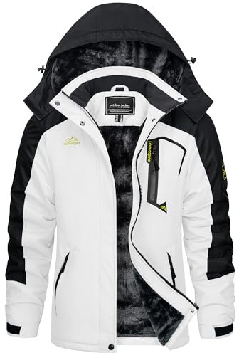 KEFITEVD Winterjacke Damen Warm Funktionsjacke Wasserabweisend Langarm Stehkragen Übergangsjacke mit Zip Taschen zum Snowboarden Skijacke Weiß-Schwarz M