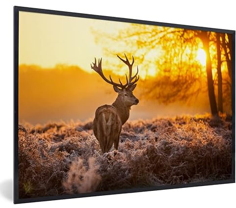 MuchoWow Poster Bilder Wanddeko Deko Wohnzimmer 30x20 cm Hirsche - Tiere - Sonnenuntergang - Winter - Heidekraut - Natur