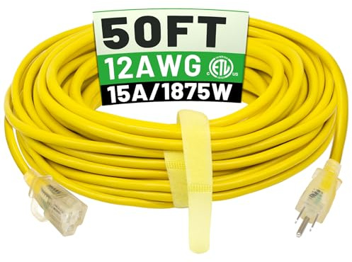 POWGRN 50 ft 12/3 Outdoor Extension Cord Waterproof Heavy Duty with Lighted Indicator End 12 Gauge 3 Prong, Flexible Cold-Resistant Long Power Cord Outside, 15Amp 1875W SJTW Yellow ETL Listed