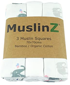 MuslinZ 3PK Baby Muslin Squares, Burp Cloths, Newborn Essentials, Soft Bamboo/Organic Cotton 70 x 70cm (Elephant)