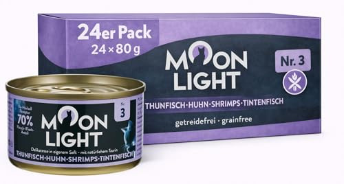 Moonlight Premium Nassfutter Katze Nr. 3 – 24x80g Dose – Getreidefrei mit Thunfisch, Huhn, Shrimps & Tintenfisch – Feines Filetfutter im eigenen Saft – Hochwertiges Katzenfutter für Feinschmecker