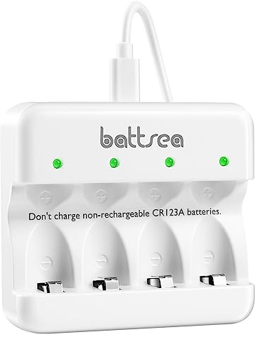 Battsea Caricabatterie rapido 5V 2A con cavo di ricarica USB Type-C per batterie ricaricabili battsea CRI23A 750mAh / 900mAh (4 canali di ricarica indipendenti)