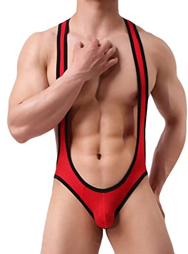 ROSVAJFY Men's Jockstrap Suspender Bodysuit Sexy Wrestling Singlet High Cut Thong Leotard Breathable Mankini Underwear One-Piece Swimwear Man Stretchy Briefs Jumpsuit (Red)