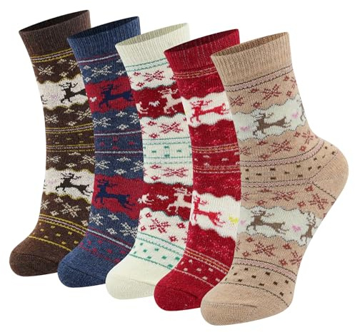 Fadcaer Calzino di Natale, 5 Paia di Calze di Cervo di Natale Calde di Inverno Delle Donne,Calze Invernali Caldi Vintage Moda Maglia Calzini,Natale Renna Brevi Calzini Set Calze Di Lana