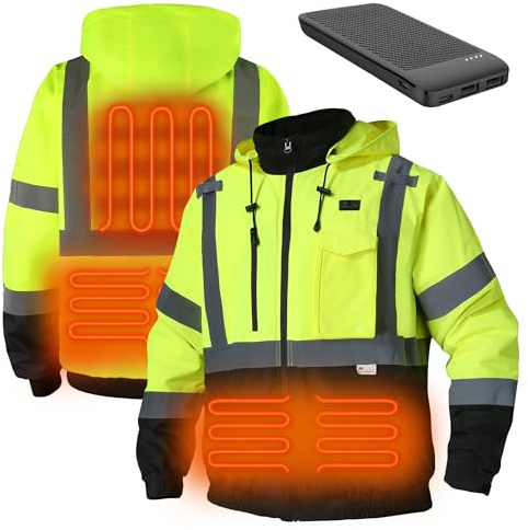 DPSAFETY Safety Heated Jacket,Reflective Heated Jacket,Waterproof CLASS 3 Hi-Vis jacket with Detachable hood, High Visibility Work Construction Coat for men&women(Lime 3XL)