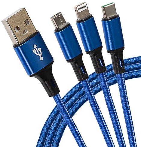 Maplin USB-A to 3 in 1 Multi Charging Cable USB-C & Lightning & Micro USB-B Braided 1.2m Blue, for iPhone 15,14,13,12,11, iPad, Android phones Samsung S7/S6/S5, Sony, Huawei, PS4, HTC, Kindle, Camera