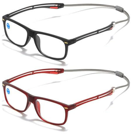 KOOSUFA Blaulichtfilter Lesebrille mit Magnetverschluss Clip Herren Damen Leicht Lesehilfe Arbeitsplatzbrille mit Auszieh Verbindbaren Bügelenden, zum Aufhängen am Hals 1.0 1.5 2.0 2.5 3.0 3.5 4.0