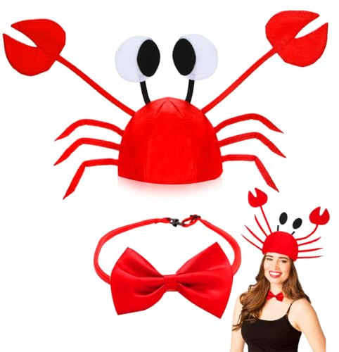 O-Kinee Krabben Mütze Verstellbar, Einzigartige Lustiger Hut, Krabben Hut mit Roter Fliege, Partyhut Lustige Hüte für Damen Herren, Kopfbedeckung für Karneval Cosplay Halloween Party Kostüm Zubehör