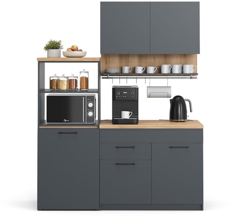Vicco Cucina singola Egbert, Antracite, 160 cm con tavolo allungabile, con asciuga piatti integrato e ripiani laterali