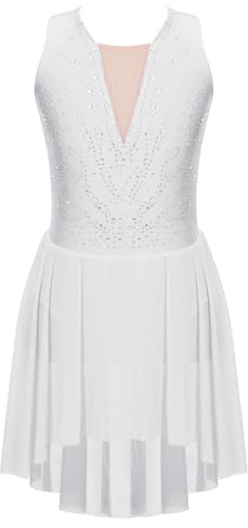 ranrann Enfant Fille Robe Patinage Artistique sans Manches Strass Justaucorps Gymnastique Danse Bodysuit 5-16 Ans Blanc 9-10 Ans
