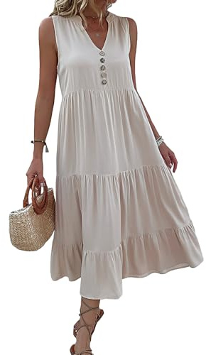 HYUET Vestido Largo de Verano para Mujer, Sin Mangas con Escote en V, Roba Ligera y Elegante, Playa, Vacaciones y el Verano