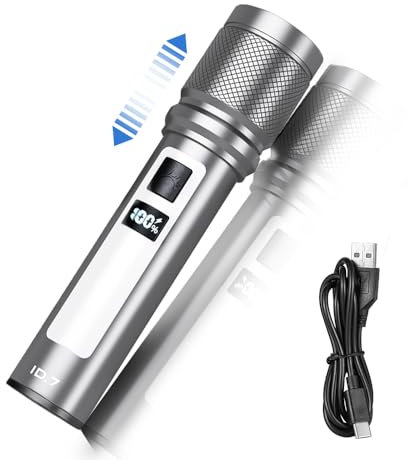 WARSUN ID7, torcia elettrica ricaricabile ad alte prestazioni, luce laterale COB, indicatore del livello della batteria, durata della batteria ultra lunga, zoom per zone ravvicinate e lontane.