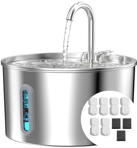 2,2 L Katzenbrunnen Edelstahl Trinkbrunnen für Katze 6 Filter + 3 Schwämme | Automatic Katzentrinkbrunnen mit Wasserstandsfenster, Wasserhahn, Ultra-Leise Pumpe, Haustierbrunnen für Kleine Hunde