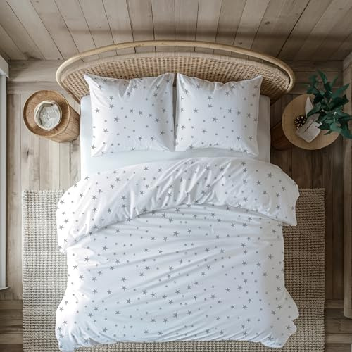 MTOnlinehandel Flanell Bettwäsche 135x200 Wintersterne Bettwäsche 135x200 + 80x80 cm Sterne Magie Weihnachtsbettwäsche 135x200 cm 100% Baumwolle Winter Motiv
