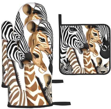 Oven Mitts And Pot Holders 3 Pcs Set - Zebra And Giraffe - Insulated Microwave Oven Mitts And Cooking Mitts, Anti-Skid Oven Gloves Set With Hot Pads, For Cooking, Baking, Grilling