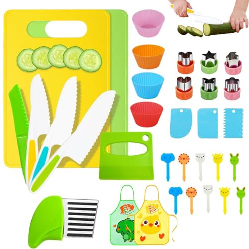Gwtdtoad Juego de 33 cuchillos para niños, cuchillo de cocina de seguridad para niños, con cortadores de verduras, tabla de cortar, utensilios de cocina para niños
