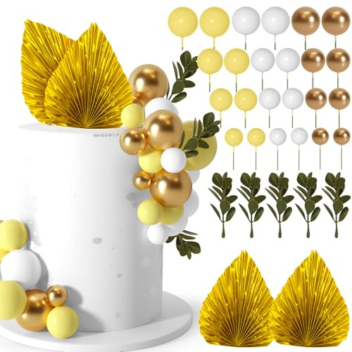 NEBURORA 64 palline decorative per torte, topper e foglie, decorazioni per torte di compleanno (giallo oro)