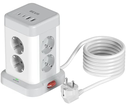 BEVA Tour Multiprise Parafoudre 8 Prises 3680W/16A,Blanche | 2 USB A + 2 USB C (Max 5V/3.4A), Câble 2m, Protection Contre Surcharges, Protection Contre Surtensions