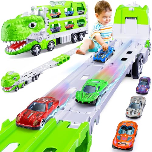 iKidiki Dinosaurier Spielzeug ab 2 3 4 Jahre, Kinderspielzeug ab 2 3 4 Jahre Auto Spielzeug Geschenk Junge 2-4 Jahre LKW Spielzeugautos Transport Truck Rennbahn Kinderspielzeug mit 6 Rennauto