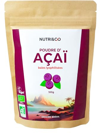 NUTRI & CO Açaï BIO en Poudre 100g - Naturellement Riche en Antioxydants, Vitamine C & Oméga 9 - Issue de l’Agriculture Durable et Équitable en Amazonie - Superaliment Lyophilisée Bio et Vegan