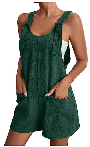 EMATOP Overall Damen Sommer Kurz Jumpsuit Baumwolle Leinen Latzhosen Ärmellos Lässiger Trägerhose Elegant Leicht Einteiler Shorts Einfarbig Mode Arbeitshose mit Taschen Playsuit Sport Romper