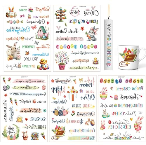 LQIOACU 5 Fogli Candele Tattoo comunione, Pellicola decorativa per candele e ceramica, Regalo per comunione, Fai da te, Coniglietto di Pasqua, A