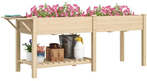 Outsunny Jardinière sur Pieds 2 Bacs 207 x 59 x 78 cm Bois Naturel | Carré Potager de Jardin sur Pieds, 2 Bacs avec Séparateur, Tablette Pliable, Potager Surélevé en Bois pour Fleurs