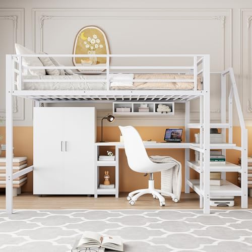 Zravenna Metall Hochbett 140 * 200cm mit Kleiderschrank, Etagenbett Hoch mit Schreibtisch und Regale, Ablagetreppe, Erwachsene&Jugendzimmer, ohne Matratze (Weiß, A)