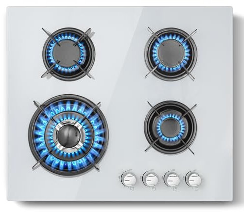 Gas Hob 4 Burners, TopStrong Glass Gas Hobs 60cm, 8060W Built-in White Gas Hob with Flame Out Protection, LPG/NG Compatible, Enamelled Pan Supports & Easy Clean Surface