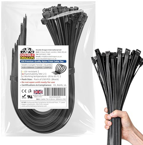 Double Dragon 4.8 mm × 300 mm Heavy‑Duty PA66 Nylon Cable Ties – 250 Pack | 22 kg (48 lb) Tensile Strength | UV‑ & Weather‑Resistant Self‑Locking Zip Ties | CE • RoHS • UL