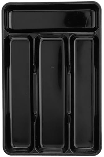 Hperu Small Cutlery Tray, Black Cutlery Drawer Organiser, Plastic Silverware Holder 4 Compartment Organizer Tray For Kitchen Utensil Drawer