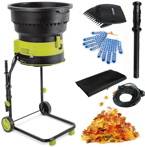 Electric Garden Leaf Mulcher and Shredder, 8000rpm High-Speed Composting with Wheels, Includes Leaf Rake and Storage Bag for Efficient Yard Cleanup