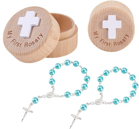 AHANDMAKER I miei primi braccialetti blu con scatola dei ricordi, regalo per battesimi, scatole dei ricordi con perline rotonde azzurre, per baby shower (blu)