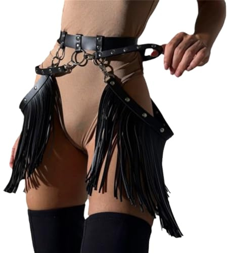 FakeFace Leather Tassel Waist Belt for Women Punk Fringe Skirt Waistband Body Harness Sexy Adjustable Skirt Belt for Stage Performance Dance Rave Clubwear Cosplay Costume