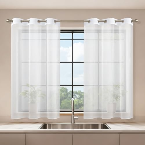 Runyéla Voile Gardinen mit Ösen 2er Set, H 120 x B 90 Stores Gardinen Weiß Transparent, Vorhänge Durchsichtig Weiss, Ösenvorhang Kurz Schlaufenschal für Schlafzimmer Wohnzimmer Küche Sheer Curtains