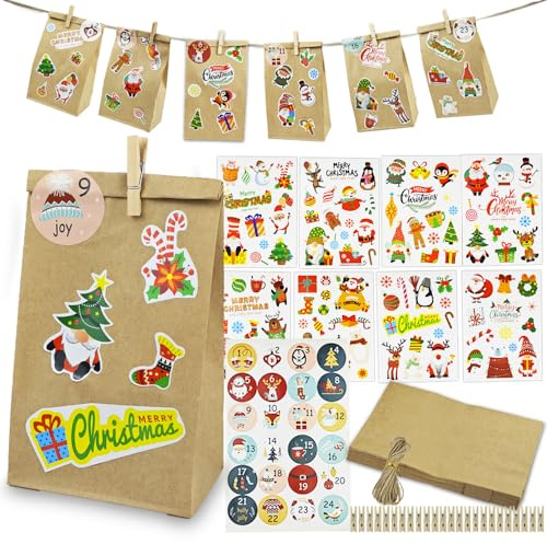 FONHREW 2025 Navideñas Calendario Adviento Diy Para Rellenar Bonito Bolsas Calendario Adviento Vacio 24 Bolsas Papel Kraft Children's Advent Calendar con Navideñas Pegatinas Números Pinzas y Cordeles