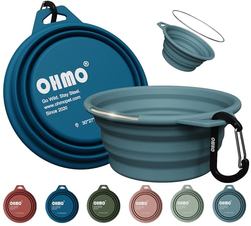 OHMO Hundskål vikbar med rostfri ring, 2 stycken 350 ml premium silikonskål för hundar och katter, robusta reseskålar för utomhus, camping, vandring