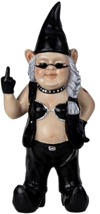 Generisch Biker Gartenzwerg Zwergin Schwarz Rockerin Stinkefinger Gartenfigur 32 cm