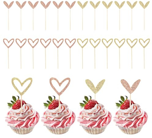 24 Stück Glitter Herz-Cupcake, Roségold und Gold, Liebe Topper, Nettes Design Herzen Muffin Deko, Herzförmige Deko-Aufhängung für Valentinstag Hochzeit Braut Jubiläum Baby Dusche Party Dekorationen