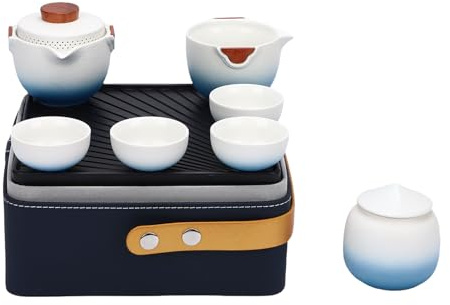 Drfeify Service à thé de Voyage Portable en Céramique avec Sac de Rangement pour L'extérieur, Service à thé en Voiture, Tasses à pour Utilisation en Déplacement, Bleu