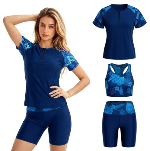 Owntop UV Rashguard set dam 3-delad – kortärmad simskjorta med linne och badbyxor, snabbtorkande badkläder med UV-skydd för strand simning vattensport, Mörkblå, M