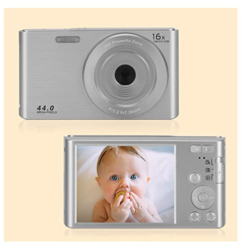 Macchina fotografica digitale, Videocamere digitali vintage da 44 MP Registrazione time-lapse Videocamera fotografica 4K Videoregistratore compatto Vlog for regalo for bambini(16G SD Card,Silver)