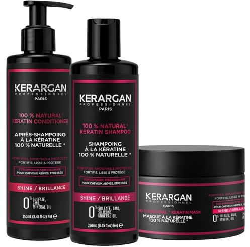 Kerargan – ultrareparerande trio: keratinschampo, balsam och mask för skadat och stressat hår – näring, slätar ut och stärker – utan sulfater, GMO, silikoner – 3 × 250 ml