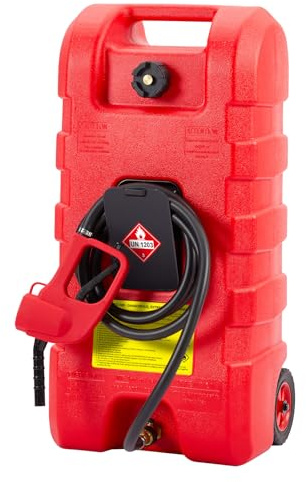 57 L bärbar HDPE-bensinbehållare, Jerricanbensin på hjul med handtag, manuell pump, 3 m slang och munstycke, flödeshastighet 7,5 l/min, bärbar bränsletank med avstängningsventil för bensin/diesel (röd