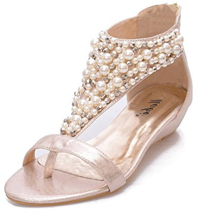 Bohemian Pearl Beaded Back Zip Flat Womens Beach Thong Sandals Wedges Gold 40EU