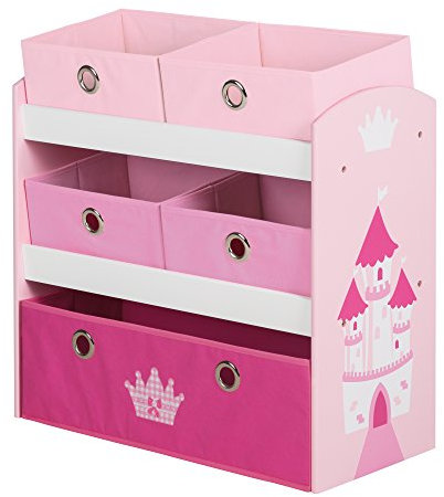 roba Scaffalatura Portaoggetti Krone - con 5 Scatole in Tessuto Rosa - 64 x 30 x 60 cm - per Riporre Pannolini, Vestiti, Giocattoli - per la Cameretta e per il Bagno - Legno Laccato Bianco e Rosa