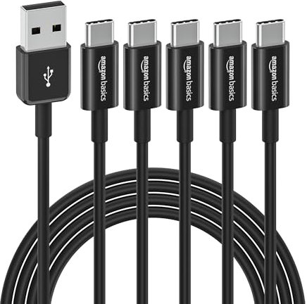 Amazon Basics Lot de 5, câble de chargement rapide USB-C vers USB-A 2.0, débit de 480 Mbit/s certifié USB-IF pour Apple iPhone 16/15, iPad, Samsung Galaxy, tablettes,ordinateurs portables, 1.8 m, noir